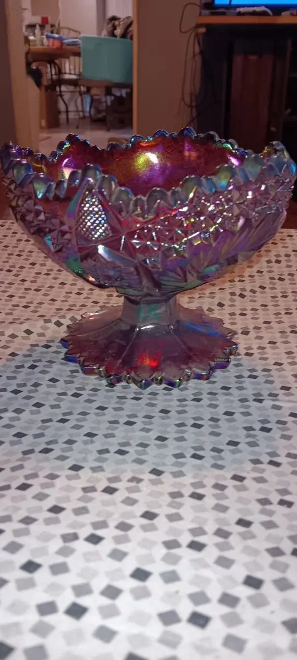Fenton Ruby Red Glass Carnival Pinwheel Iridescent Sawtooth Edge Candy Bowl Art